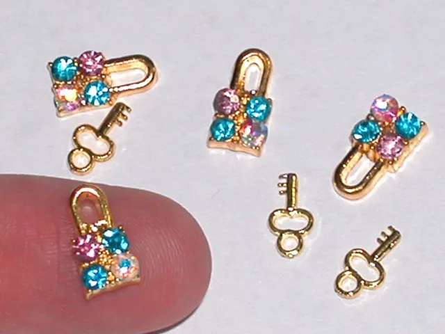 2pc Miniature dollhouse tiny little Crystal gold plated Lock & Key set charm 3d