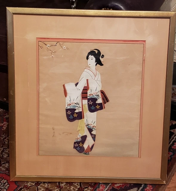 Chinese Japanese Export Silk Painting Lovely Courtesan In Kimono Qing