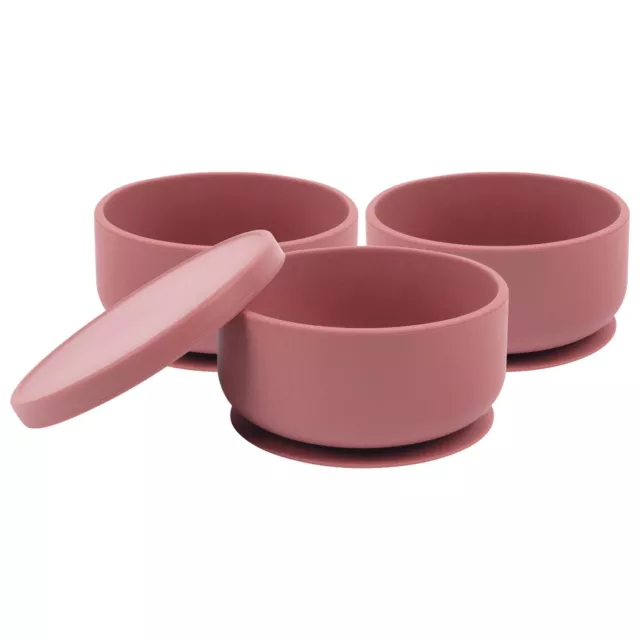 3x Tiny Dining Dusty Rose Silicone Baby Suction Bowls with Lid Toddler Feeding