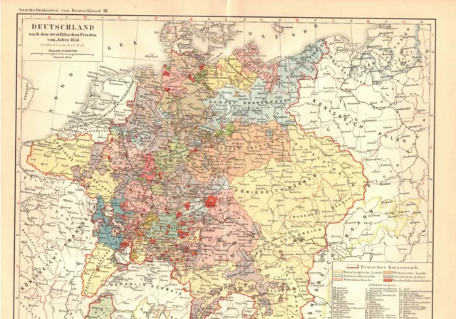 Deutschland um 1648, alte Landkarte mit Beiblatt, Lithographie um 1900 (D293)