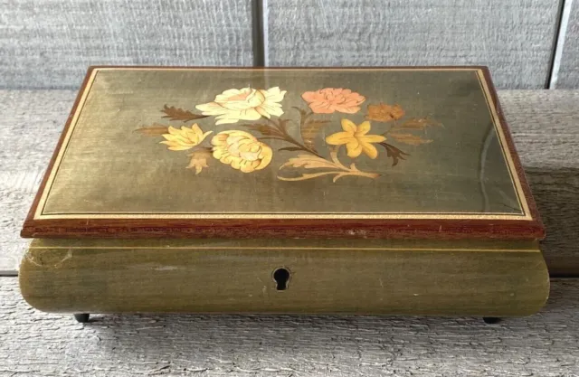 Vintage Inlaid Wood Music Jewelry Box Italy Thorens Movement "A Time For Us"