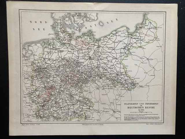 antike historische Landkarte Staatsbahnen & Privatbahnen im Deutschen Reich 1894