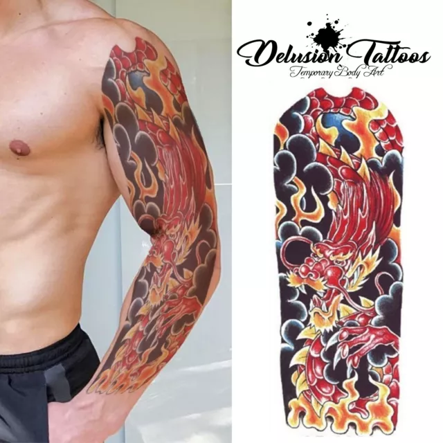 Full Sleeve Arm Temporary Tattoo Realistic, Dragon Fire, Flames Mens, Womens