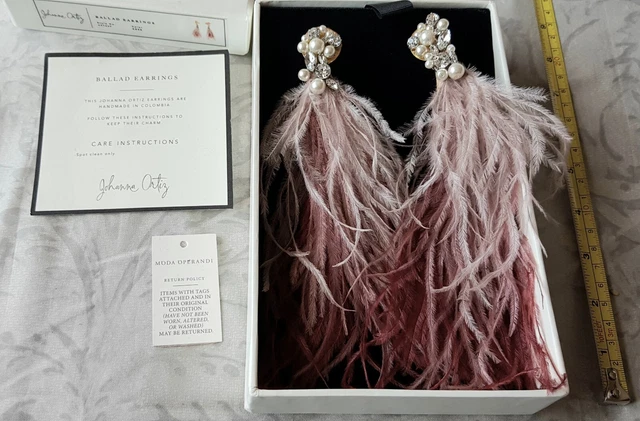 Johanna Ortiz Ostrich Feather Crystal Gold Ballad Earrings, pierced