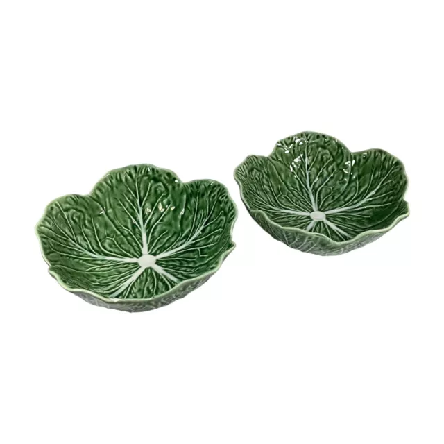 Bordallo Pinheiro Majolica Green Cabbage Leaf 7” Soup Bowls Portugal 2 Ct AS IS