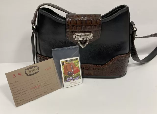 Vintage Brighton Black Leather Brown Croc Embossed Bucket Shoulder Bag Purse NWT