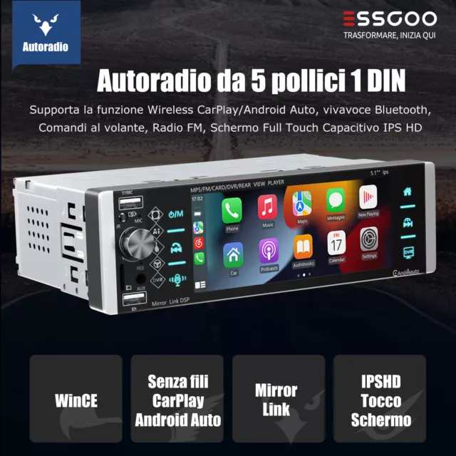 Autoradio 1 DIN Con 5" Schermo Wireless Apple Carplay Android Auto USB Bluetooth 2