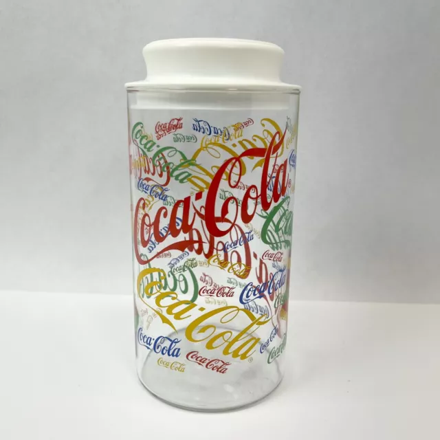 VINTAGE 1980’s COCA COLA CANISTER with Lid Retro Colorful Logo Print Glass Jar