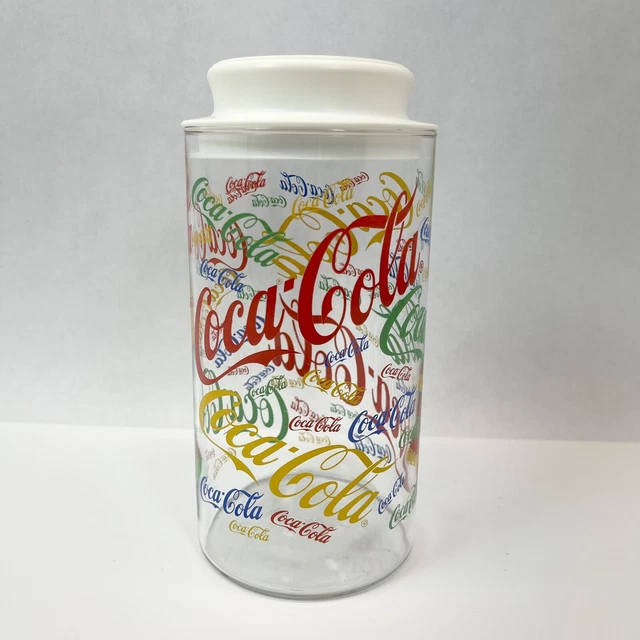 VINTAGE 1980’s COCA COLA CANISTER with Lid Retro Colorful Logo Print Glass Jar
