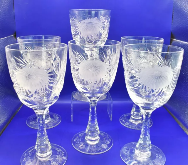 6 Antique HAWKES China Aster Chrysanthemum Goblets American Brilliant Glass ABP