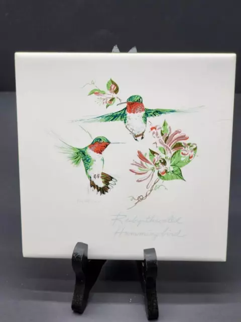 RUBY THROATED HUMMINGBIRD TILE Screencraft Hand Decorated USA 6"X6" CORK BK