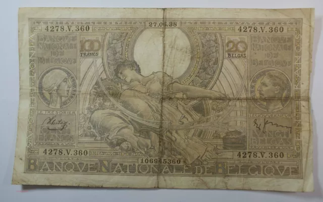 Banque BELGIQUE 100 Francs 20 Belgas 27-06-1938 (FR1) P2517/9