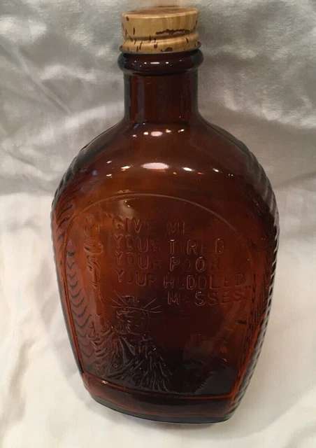 Log Cabin Bicentennial syrup bottle 'Statue of Liberty' design, Amber glass