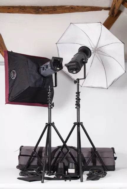 Bowens Esprit Gemini GM500. Kit de flash de 2 cabezales + soportes, softbox, brolly, estuche en muy buen estado