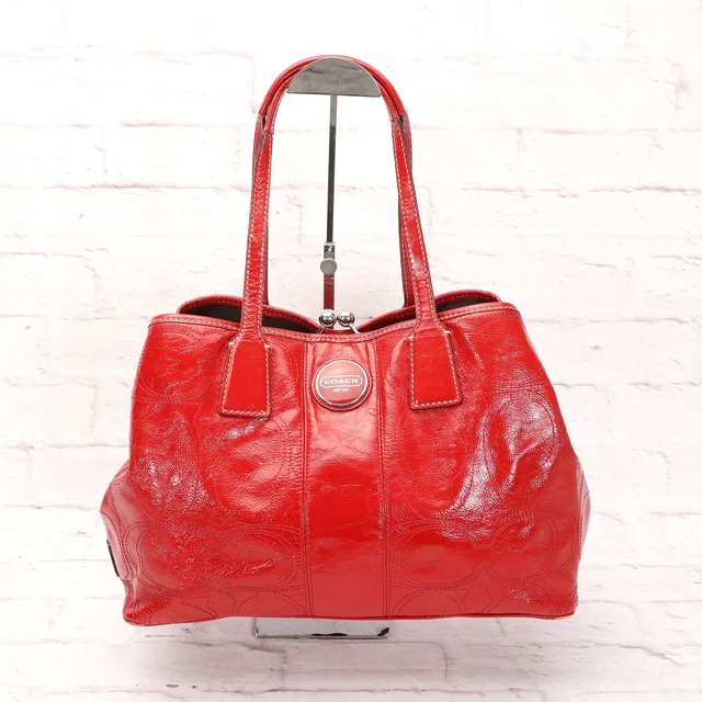 Coach Womens Framed Kiss Lock Shoulder Tote Handbag Med-Large Red Patent Leather