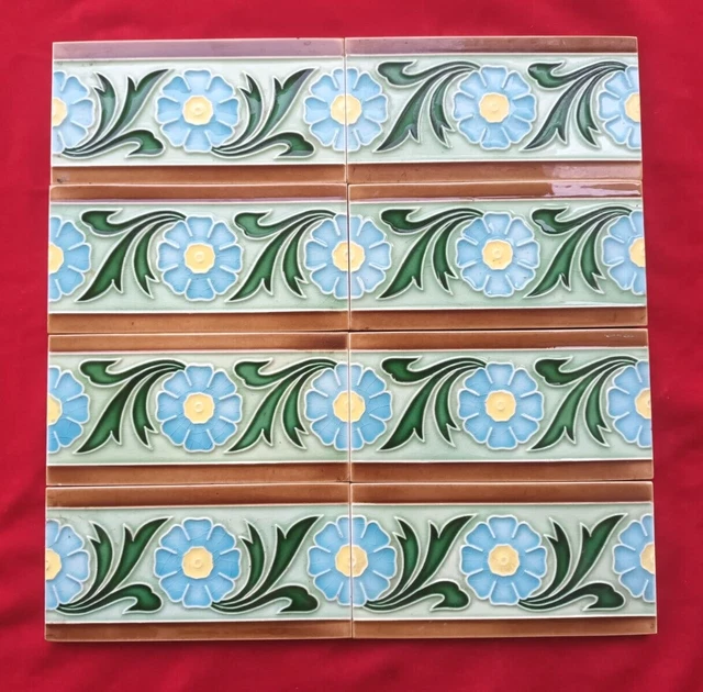8 Piece Lot Old Art Flower Embossed Design Majolica Ceramic Tiles Japan 0384