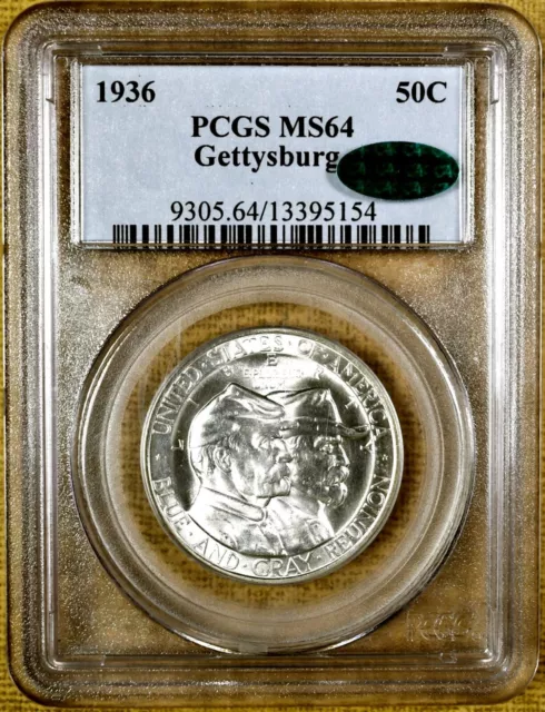 1936 PCGS MS64 Gettysburg Commemorative Half Dollar - 100% Blazing White - CAC