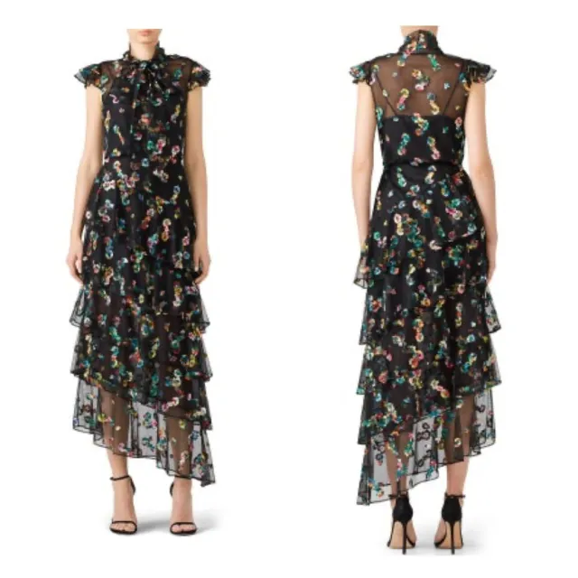 MONIQUE LHUILLIER dress multicolor floral gown embroidered ruffle tiered black 4