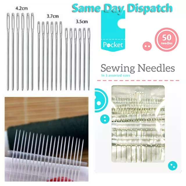 Sewing Needles 50 Pack - Assorted Sizes Hand Easy Thread Big Eye Sets Large Pack