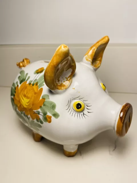 Piggy Bank Italian Pottery Hand Painted Floral 1960’s Made In Italy 7” x 7.5”