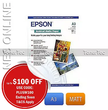 EPSON A3 ARCHIVAL MATTE PHOTO PAPER R1800/1410 420x297mm S041344 50xPK/192gsm