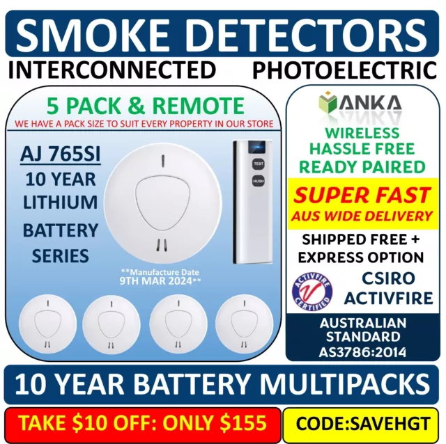 5 ANKA Wireless Interconnected Photoelectric Smoke Alarm Detector &Remote Paired