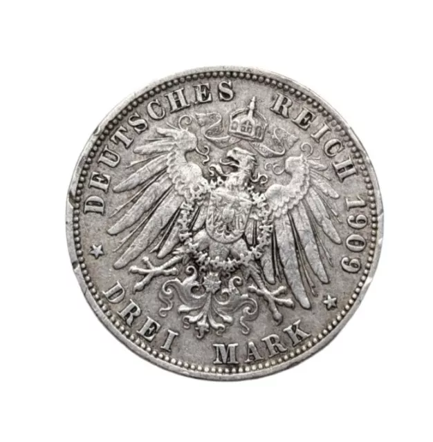 Antike Silbermünze Deutsches Reich Wilhelm II. Drei Mark 1909