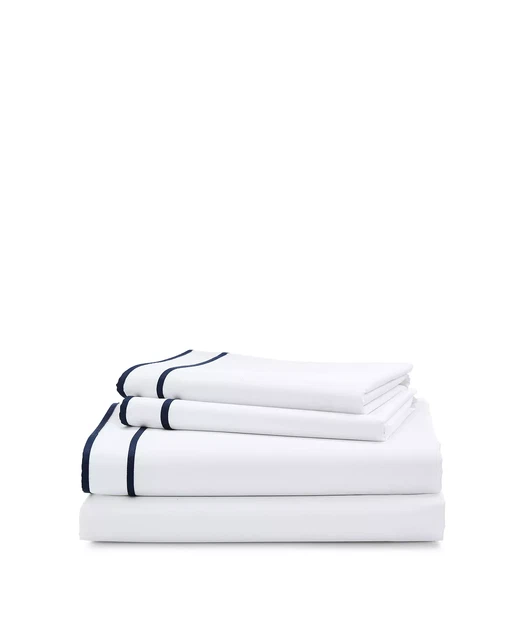 Juego de sábanas Ralph Lauren Spencer Border 300TC Sateen Queen $170 azul marino