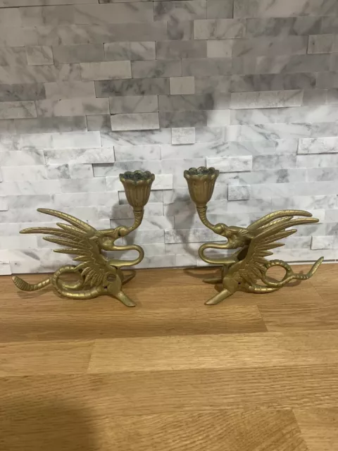 Solid Brass Pair (2) Phoenix Dragon Candlestick Holder Griffin Gryphon