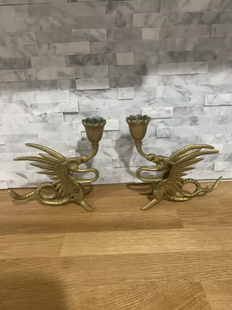 Solid Brass Pair (2) Phoenix Dragon Candlestick Holder Griffin Gryphon Solid Brass Pair (2) Phoenix Dragon Candlestick Holder Griffin Gryphon