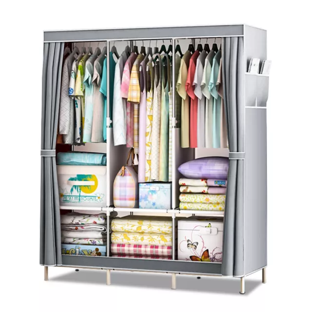 LOEFME Canvas Fabric Wardrobe Large Clothes Storage Cupboard w/ Hanging Rail UK 2