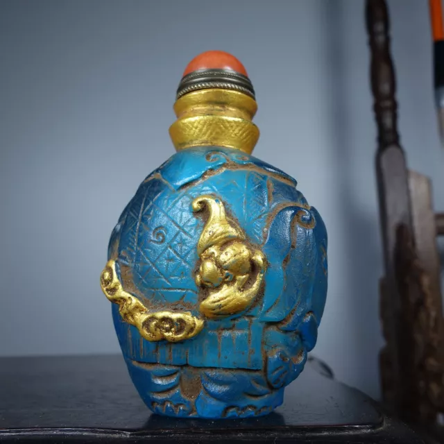 Chinese Old Coloured glaze gilt Hand-made Carved bat Exquisite Snuff bottle