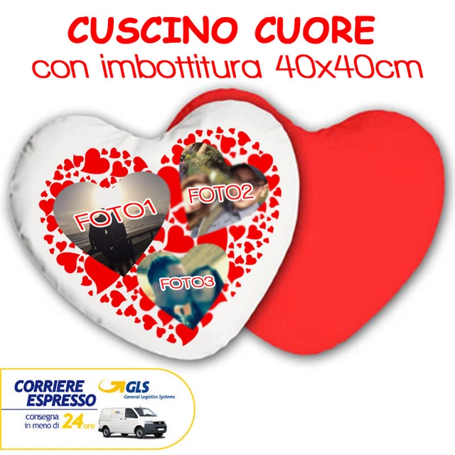 Cuscino A Forma Di Cuore 40x40 Cm Personalizzabile Con 3 Foto – Retro Rosso, Imbottitura Estraibile