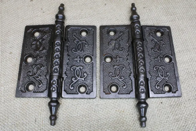 2 Old Door Hinges 3 1/2 X 3 1/2" Antique Steeple Top Pin Vintage Clean Cast Iron