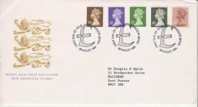 GB Stamps First Day Cover Definitive, five values 13p to 34p SHS £ sign 1984