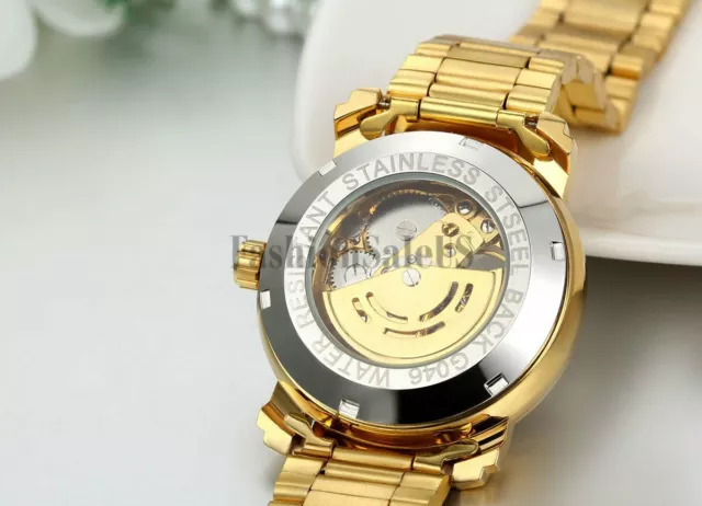 Men's Luxury Skeleton Automatic Mechanical Stainless Steel Gold Tone Wrist Watch 3