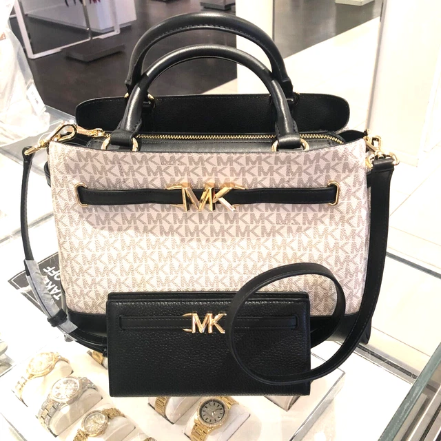 Michael Kors Large Vanilla Black Satchel Shoulder Handbag Purse Bag + Wallet MK