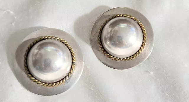 Sterling Taxco Clip Vintage Earrings, W, Brass Decor 1. 3/4"
