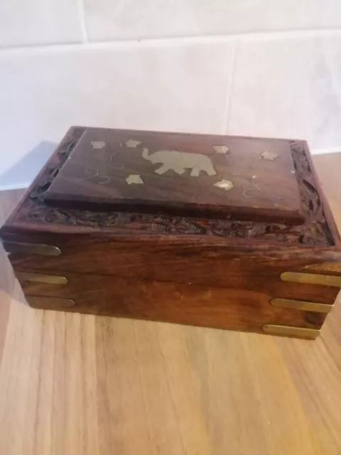 rustic carved wood memory box brass elephant inlay hinged storage home decor