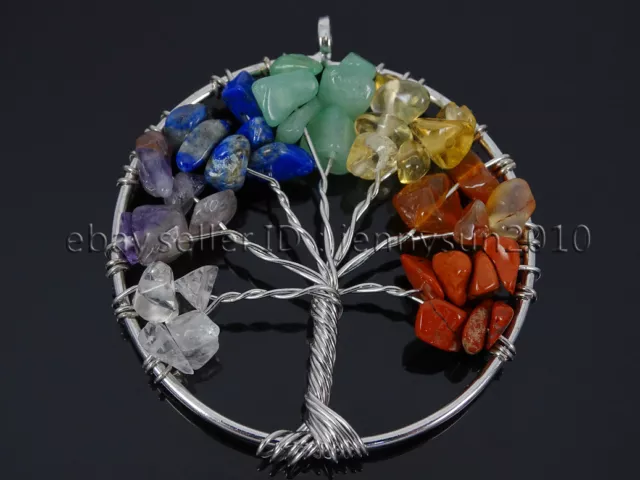 Natural Gemstone Reiki Chakra Chip Bead Tree of Life Pendant Charm Silver Plated