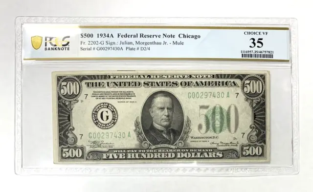 1934-A $500 Federal Reserve Note  Fr. 2202-G Mule  PCGS VF35