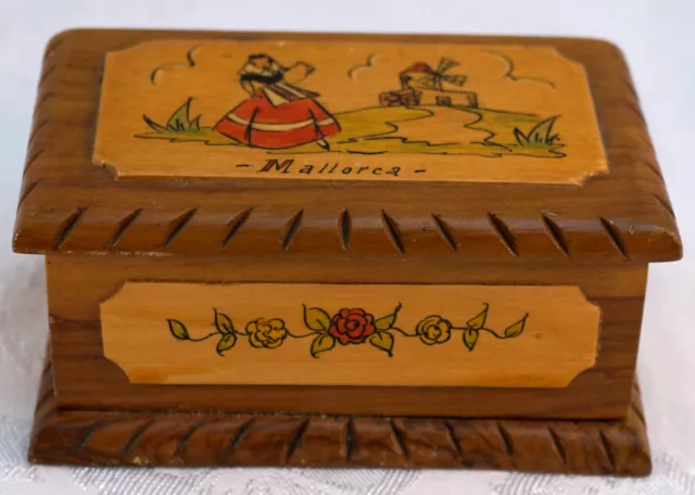 Antique Wooden Trinket Box from Mallorca Spain Nice Scene on Top Flowers on Side
