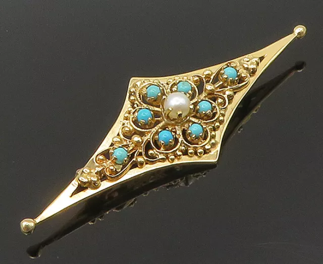 14K GOLD - Vintage Victorian Turquoise & Cultured Pearls Brooch Pin - GB114