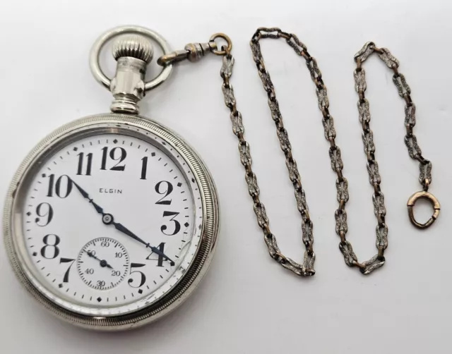 Antiguo Trabajo 1922 Elgin Railroad Estilo Gents Deco Níquel Silver Pocket Watch