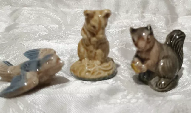 Collectable Vintage Wade Whimsies X3. Blue Bird, Mouse And Squirrel
