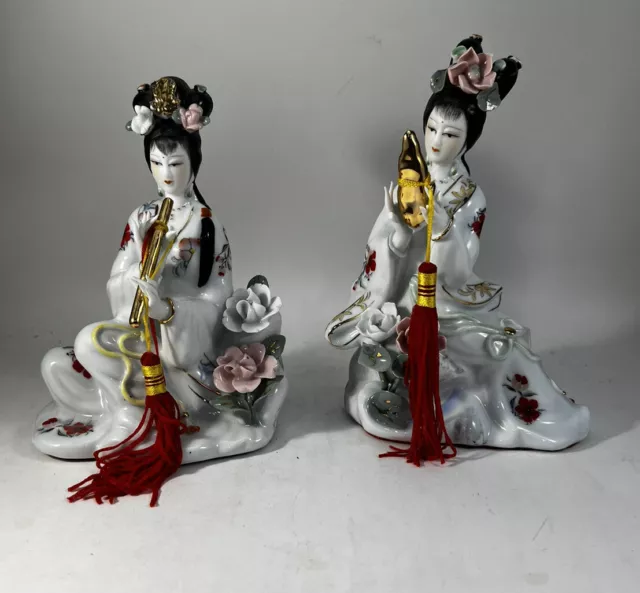 VTG Pair of Handd-Painted Porcelain GEISHA GIRLS Figurine w/Gold Trim READ