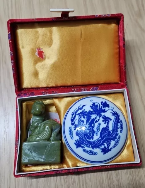 Antique Oriental Brush Ink Painting Dragon Ceramic Paint Pot & Jade Stamp 3