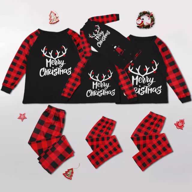 Christmas PJs Adult Kids Xmas Elk Nightwear Family Matching Pyjamas Set Black