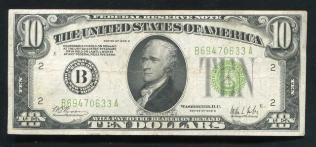 Fr. 2003-B 1928-C $10 Light Green Seal Frn Federal Reserve Note New York, Ny Vf