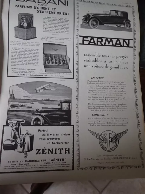 FARMAN automobile + parfum BABANI + ZENITH  publicité papier ILLUSTRATION 1922 c